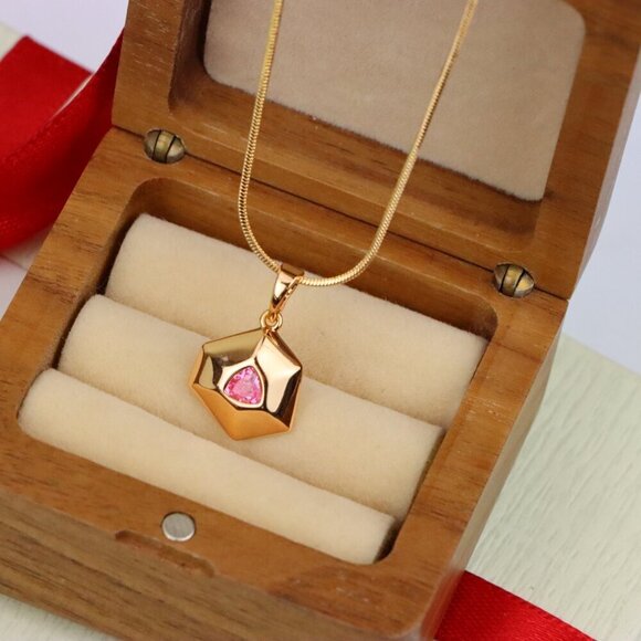 "Pink Geometric Gold-Plated Pendant with Trillion-Cut Center Stone, XPPT1752 - Picture 8 of 13